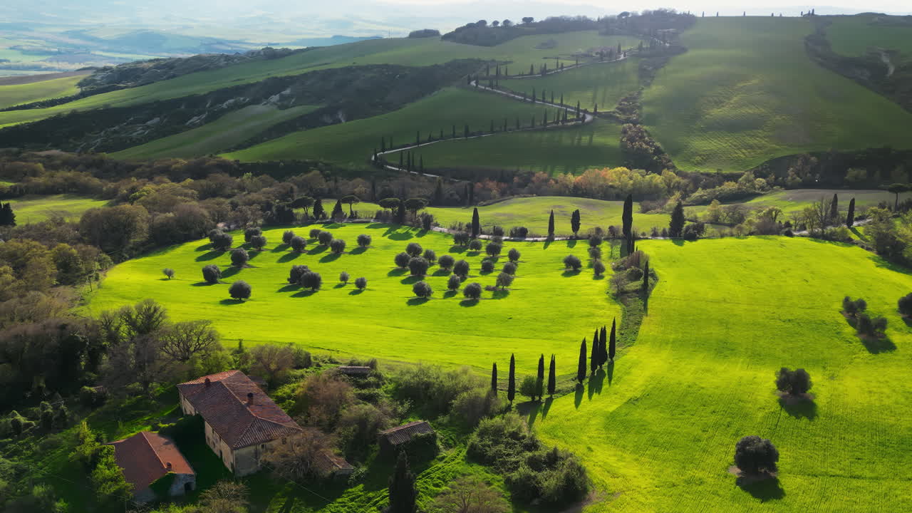 Aerial drone view of the Valdorcia region in Tuscany, central Italy
