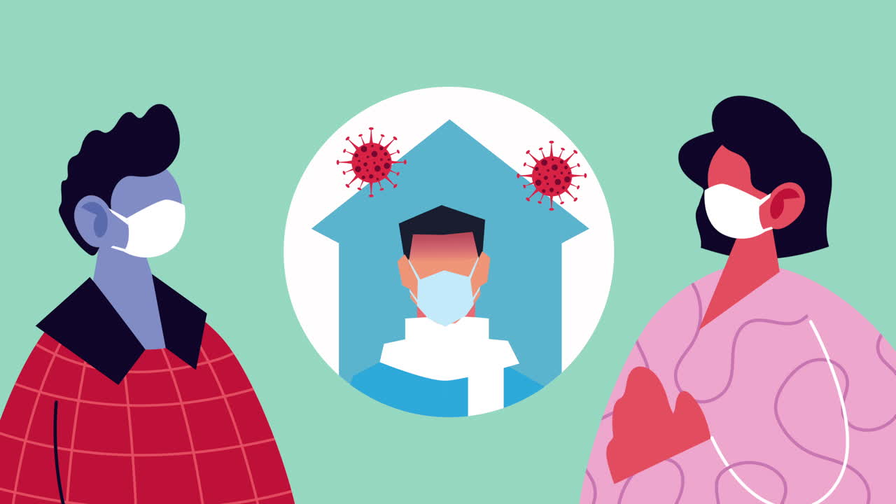 covid-19에 대한 의료 마스크를 착용하고 집에 머무르는 부부 환자