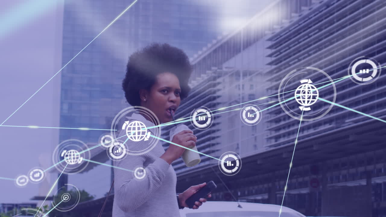 Animation of network of connections over african american woman with coffee