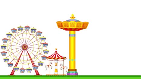 animated fairground with rides and a castle