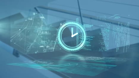 animation of moving clock and diverse data processing over screens in background