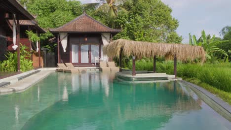 a luxurious poolside view at a serene villa surrounded by lush rice fields in bali, indonesia. gazebo and comfortable loungers create an inviting and tranquil retreat amidst the natural beauty of bali
