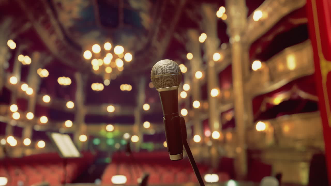 Microfono in attesa sul palco di un elegante teatro di notte