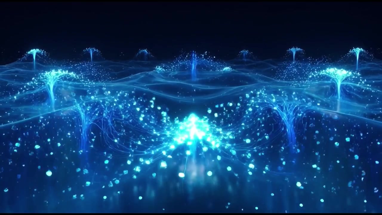 光る青い粒子が流れる抽象的なデジタルネットワーク。