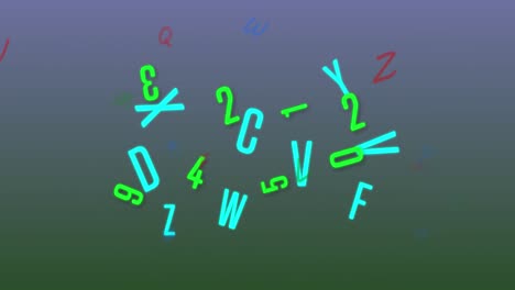 animación de números y letras que caen sobre un fondo azul a verde