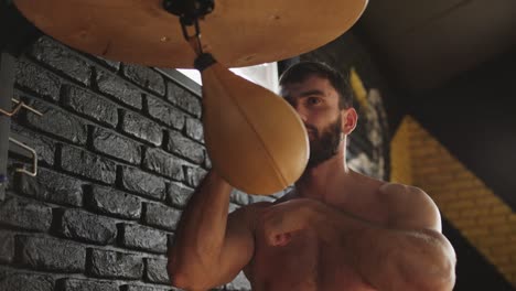 man hitting speed bag in gym. modern boxer punching bag in gym