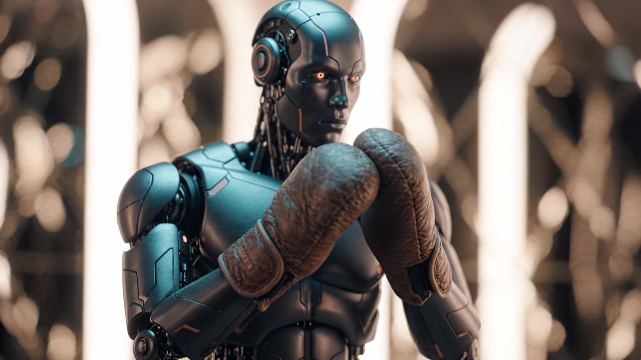 Un robot pugile futuristico si prepara per un incontro, mostrando tecnologia avanzata e un design innovativo in un'arena high-tech con effetti di luce drammatici.