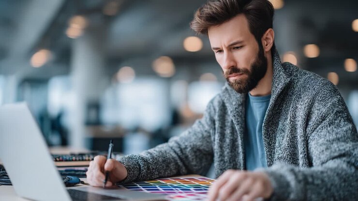Fokuseret designer, der analyserer farvepaletter, mens han arbejder på en bærbar computer i et moderne arbejdsområde med blød belysning og minimalistisk æstetik