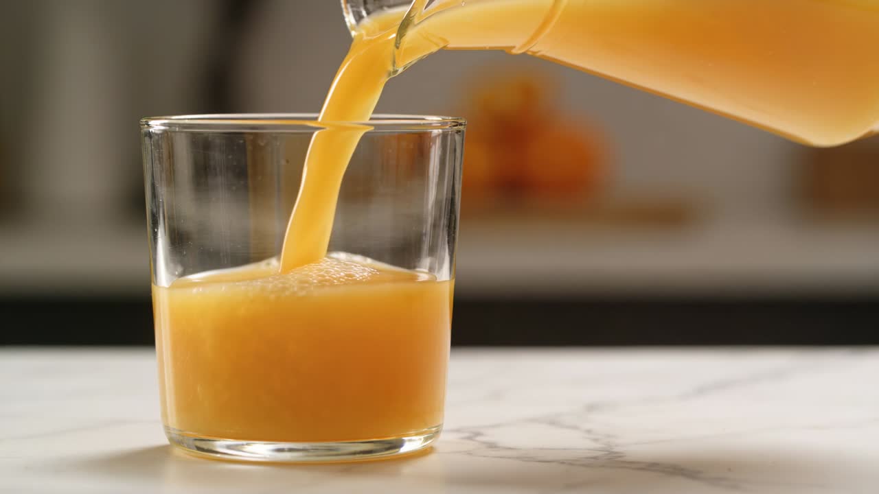 Video verticale: Brocca inclinata che versa succo d'arancia in un bicchiere, riempiendolo per il servizio in cucina