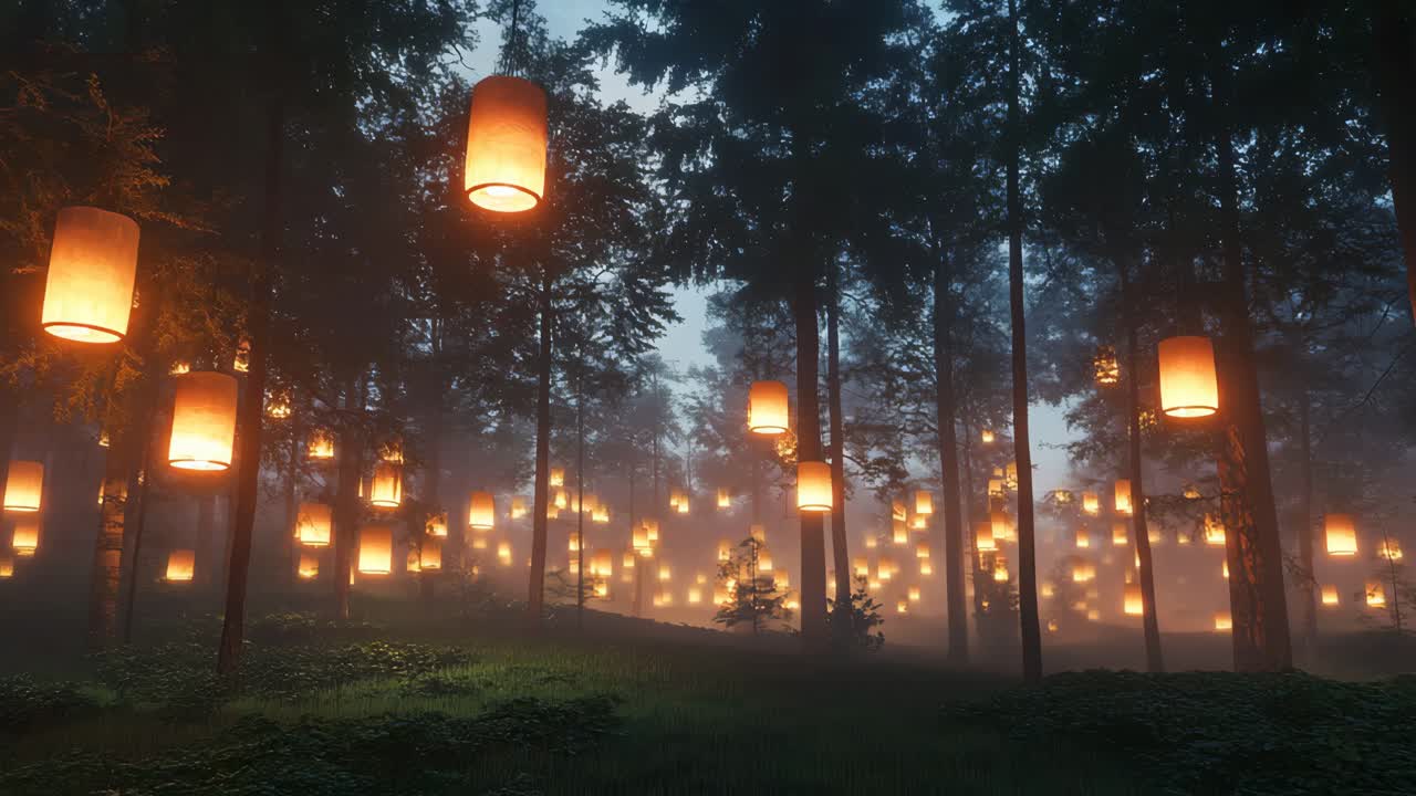 Enchanted Forest at Night with Glowing Lanterns