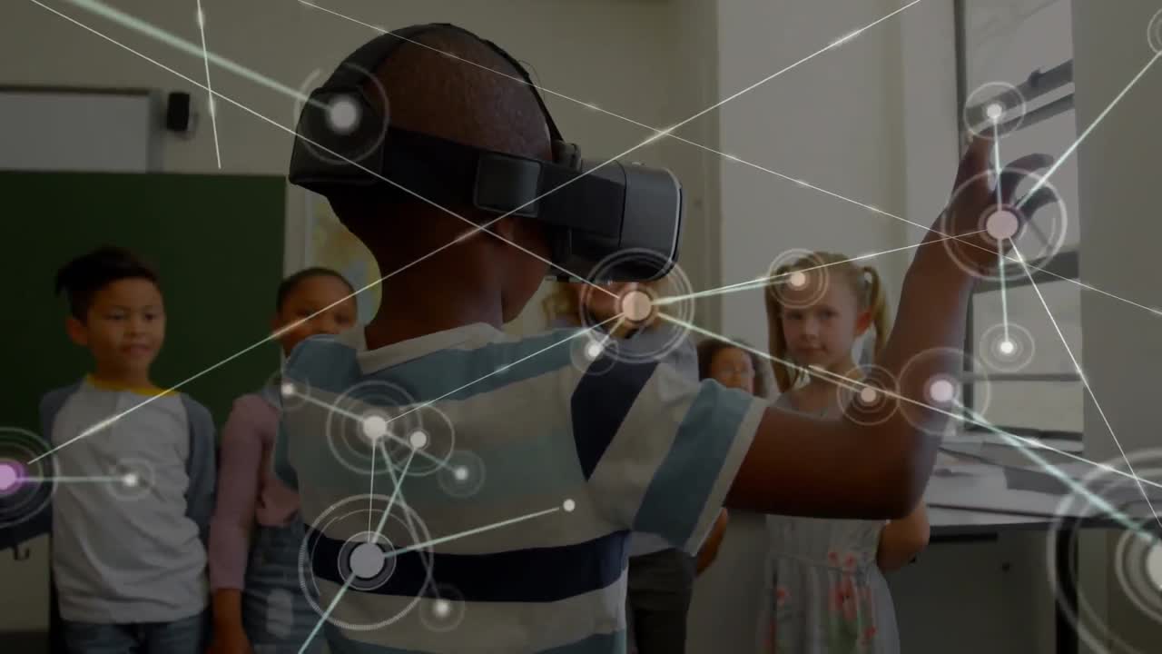 Network of connections with schoolboy wearing VR headset