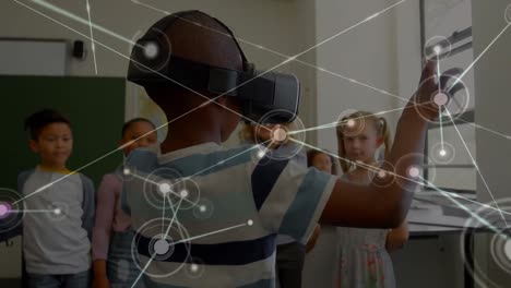 network of connections with schoolboy wearing vr headset