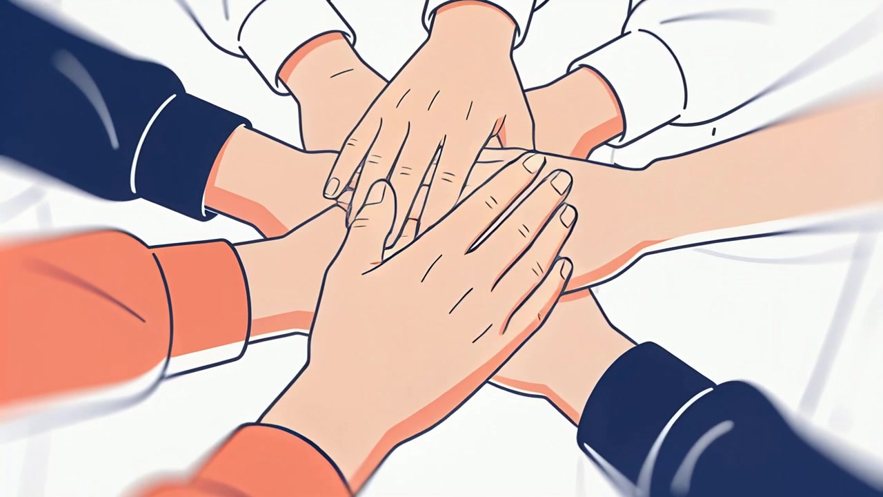 Reaching team hands reacting to box arrival at studio, cradling small white box in long sleeves