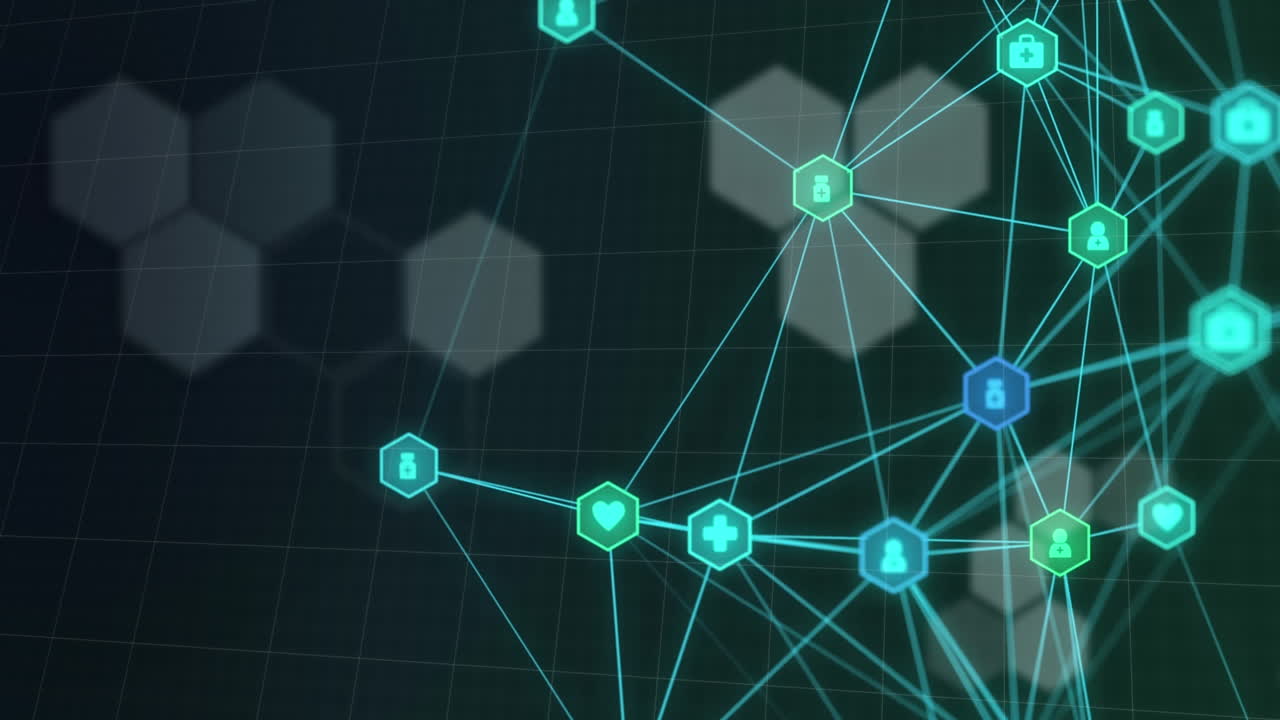 animación de globo de iconos médicos y formas hexagonales contra un fondo negro