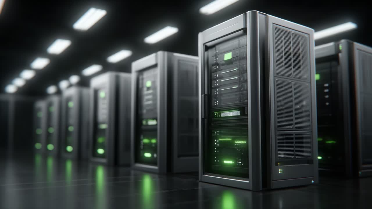 High-Tech Data Center featuring Rows of Advanced Server Racks with Stylish Green Indicators, Illuminated in a Modern and Sleek Environment