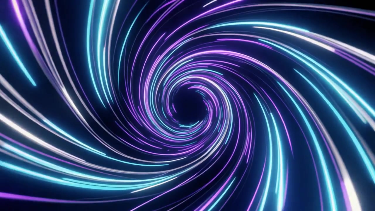 Tunnel di luce neon astratto con linee viola e blu vorticose