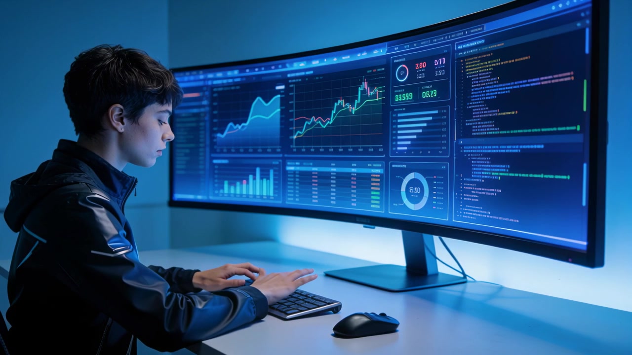 Noticing chart update, hooded teen typing and mousing at home office, ultrawide monitor, copy space