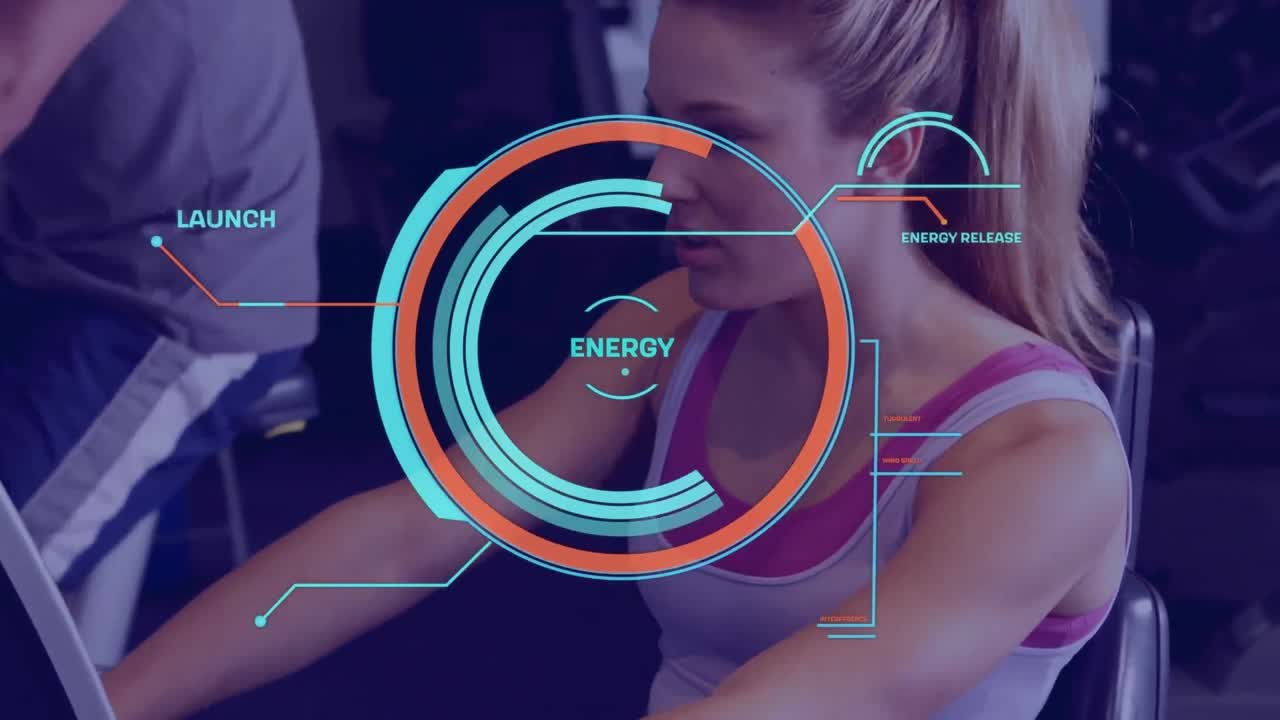 animación del procesamiento de datos sobre deportistas caucásicos que hacen ejercicio en el gimnasio