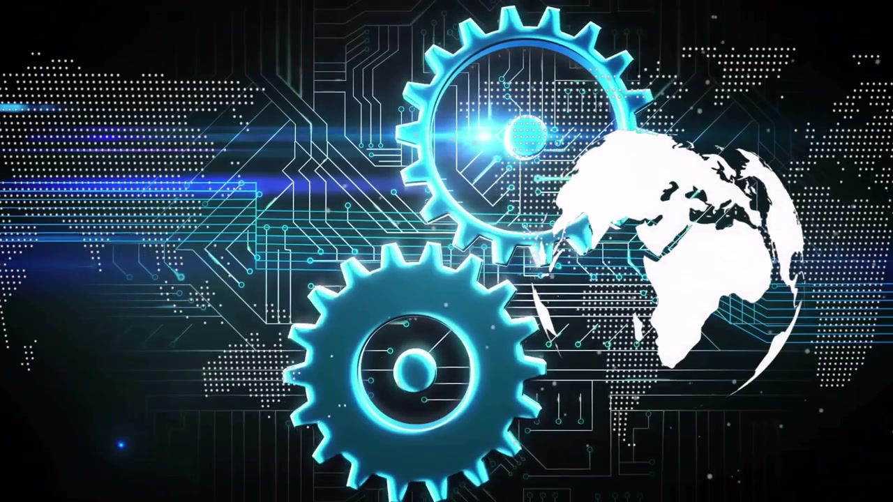 Dark circuit plane initiating rotating globe emerging meshing blue gears visualizing interface