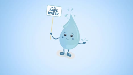 animación del texto de ahorro de agua en un cartel sostenido por una gota de agua sobre fondo azul