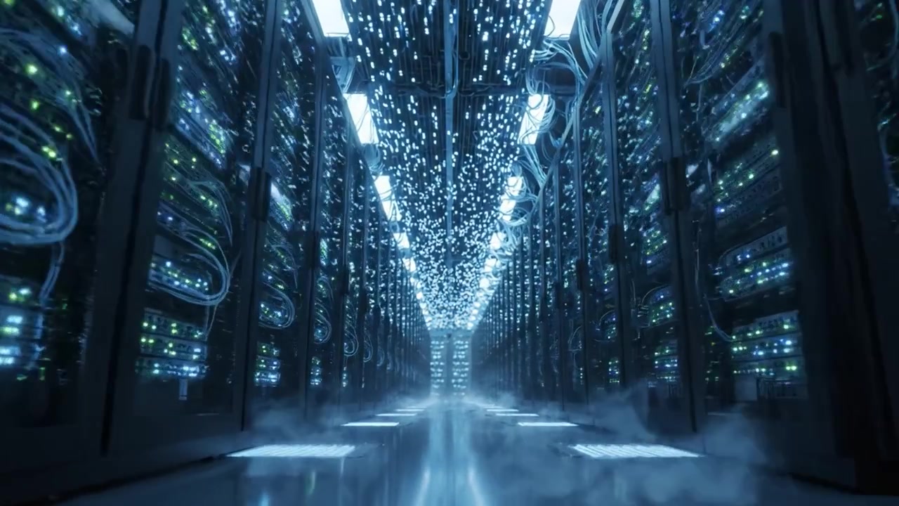 A Stunning View Inside a Modern Data Center: Illuminated Server Racks, Advanced Technology, and a Futuristic Atmosphere Showcase the Backbone of Digital Infrastructure