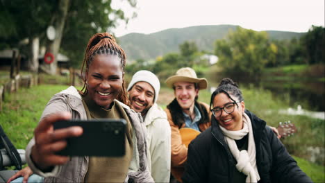 camping, peace sign and selfie of friends