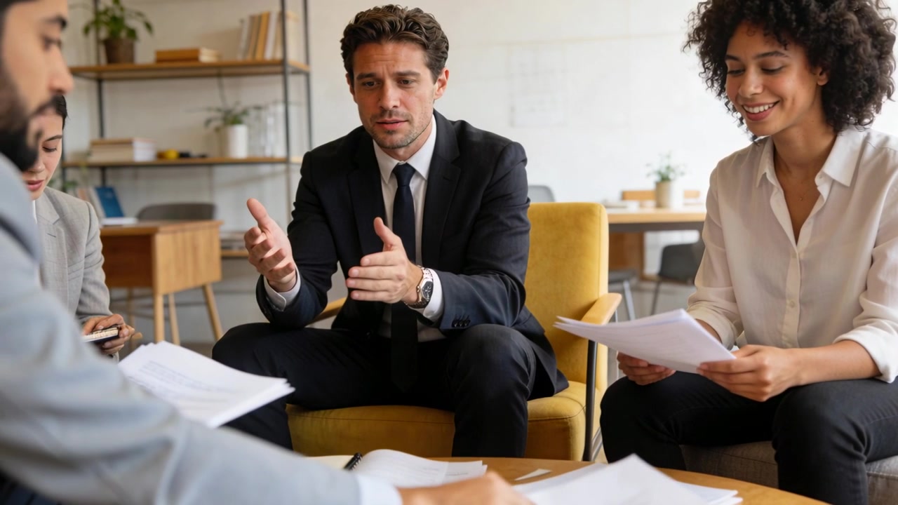 Uomo in abito scuro che parla e gesticola su una poltrona gialla in una sala relax dell'ufficio, mentre un collega gli passa dei documenti.