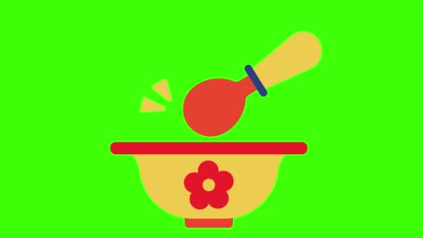 ilustración animada en 2d de un cuenco con una cuchara de bebé en una pantalla verde