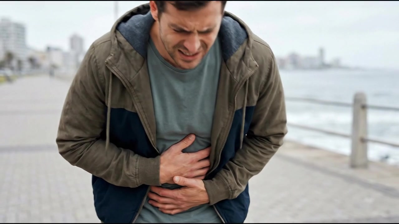 Standing person pressing chest with one hand in casual setting in everyday health concept