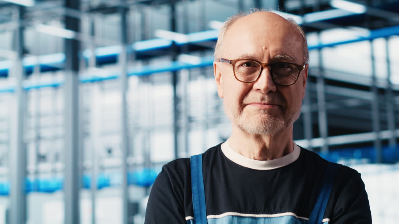 Glad ældre supervisor på Industri 4.0-solcelleanlæg fører tilsyn med faciliteten.