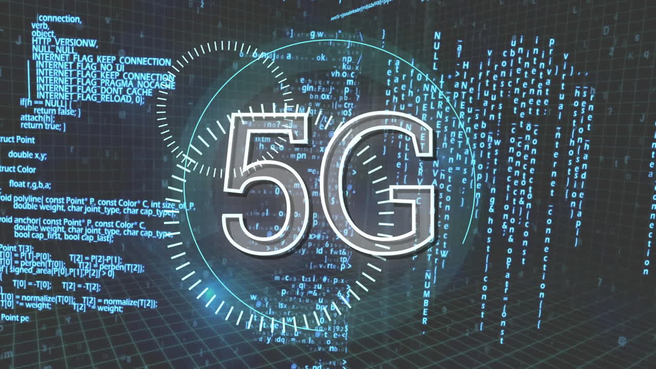 5g scritto nel mezzo di circoli futuristici e codici di programmazione