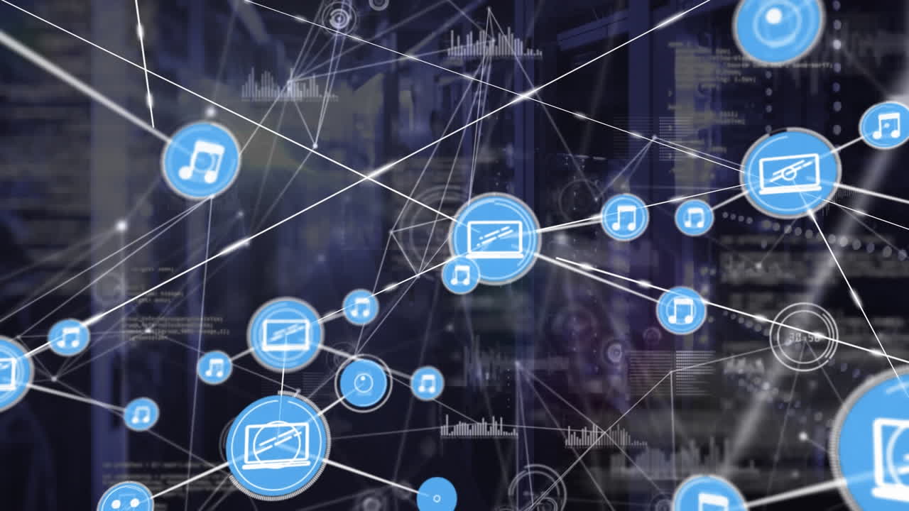 animación de la red de conexiones con iconos a través de servidores informáticos