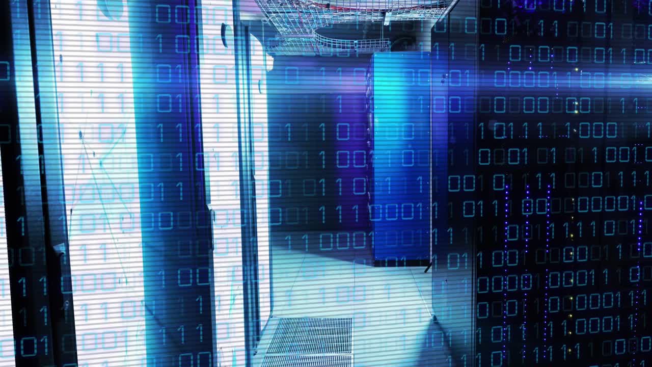 Animation of binary code and lights over servers