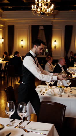 waiter serving food in elegant restaurant