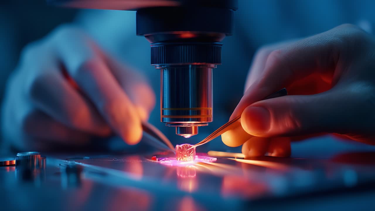 Focused Scientific Exploration: Hands Manipulating Specimen Under Microscope with Enhanced Illumination and Precision Tools in a Laboratory Setting