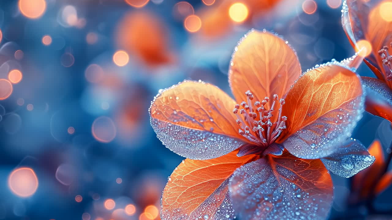 Fiore rugiadoso che risplende luminoso. Fiore arancione vivido con goccioline d'acqua che brillano delicatamente nella luce del mattino, circondato da uno sfondo blu sfocato