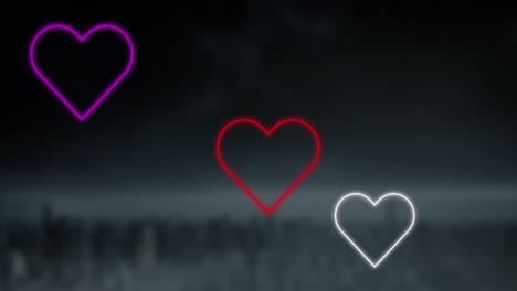 Animation-Von-Rot-rosa-Und-Weißen-Neonherzen,-Die-Auf-Dunklem-Hintergrund-Blinken