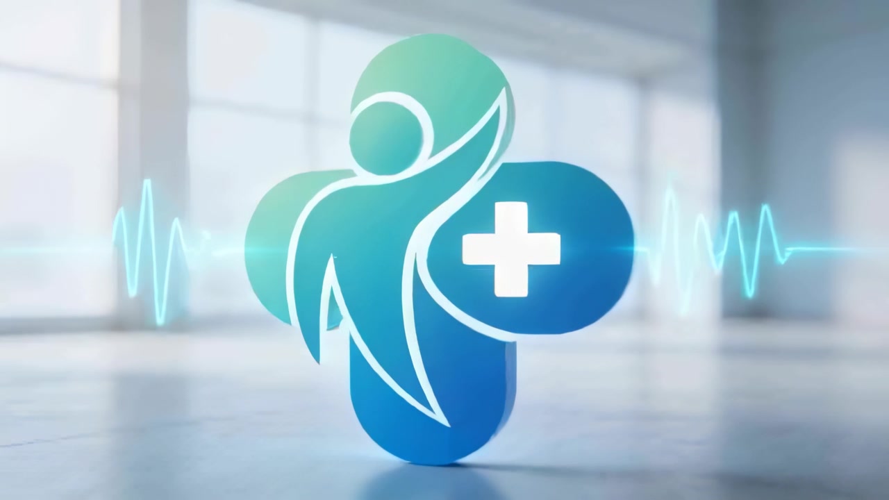 Emblema médico 3D giratório respondendo a uma forma de onda de ECG ciano pulsante no saguão, mostrando reflexos.