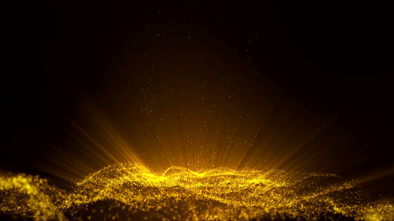 반이는 황금 먼지 입자 반이는 불꽃은 축하를위한 추상적인 배경으로 빛의 과 중앙에 빛나는 카메라를 통해 날아갑니다.