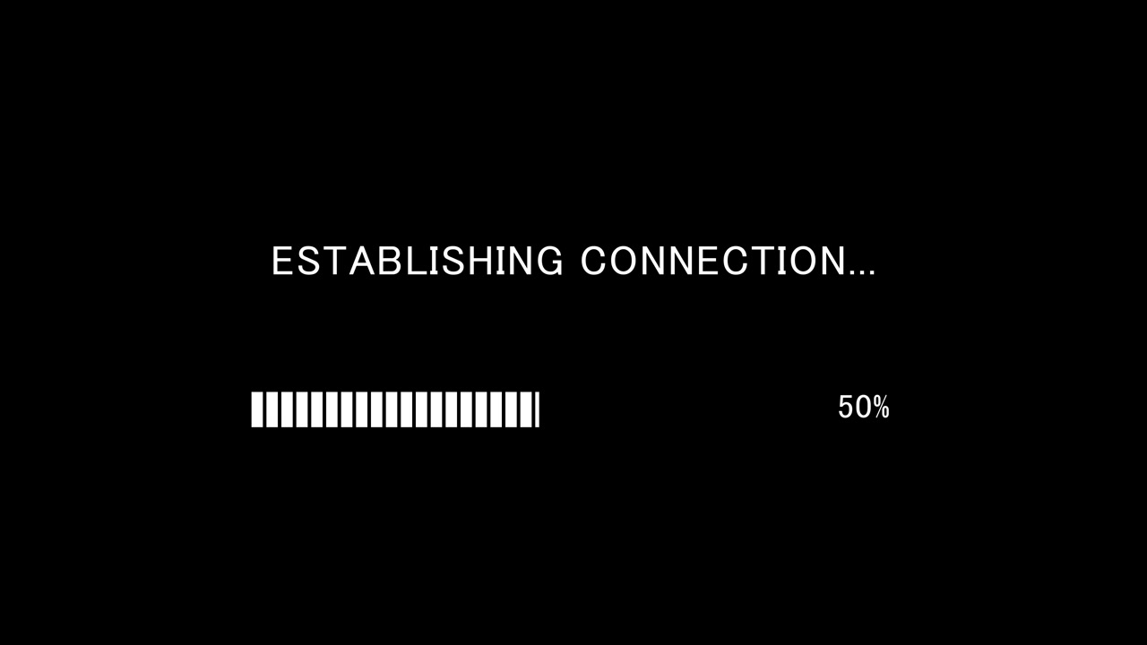 Schermo TV retrò che mostra il messaggio di connessione in corso con barra di caricamento su sfondo nero, loop continuo.