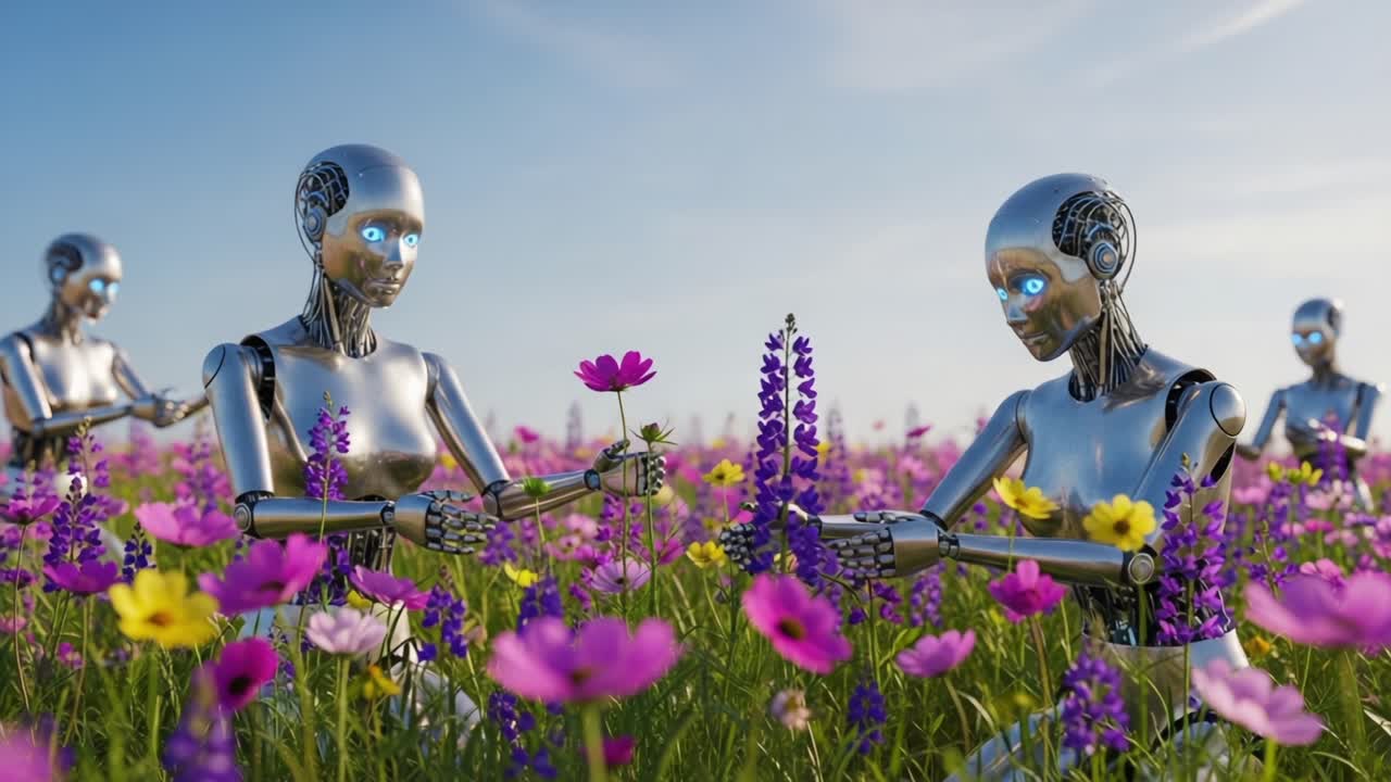 In a vibrant flower field, humanoid robots engage in a serene exchange, demonstrating harmony between technology and nature as they share beautiful blooms under a clear sky