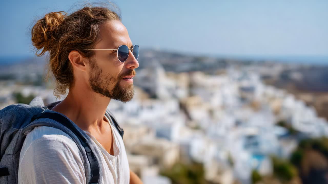 Un uomo con occhiali da sole e uno zaino si gode la vista panoramica di un villaggio imbiancato a calce sul mare, catturando l'essenza del viaggio e dell'avventura