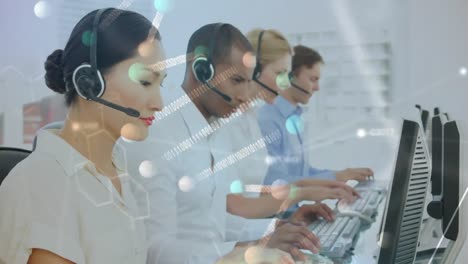 Animation-of-data-processing-over-business-people-wearing-headsets