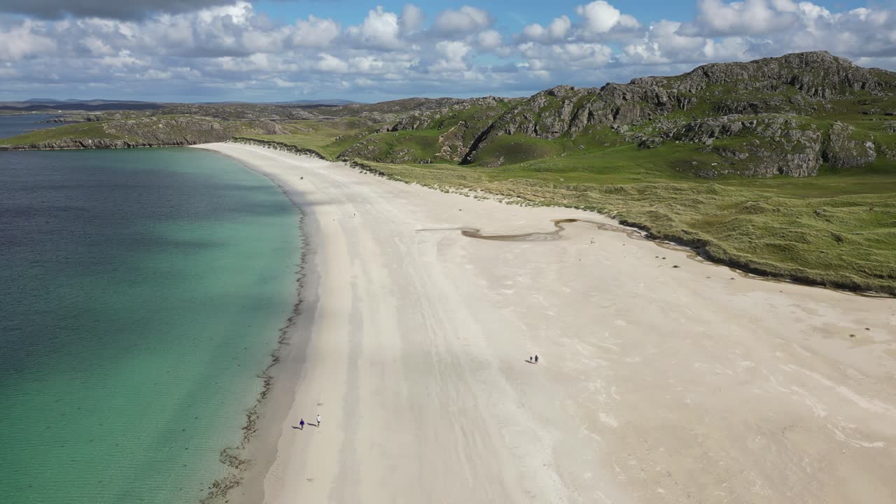 Cinematic aerial of white sand Reef Beach, Isle of Lewis, Outer Hebrides