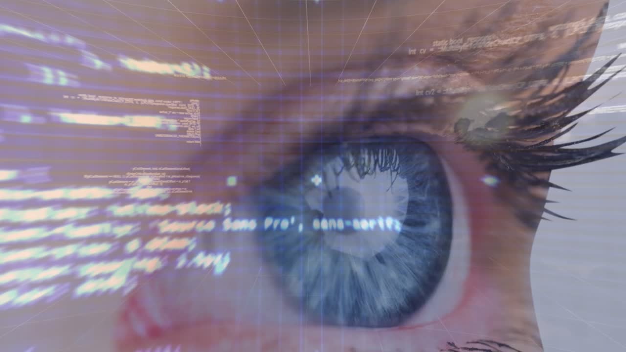 Animation of digital screen with data processing over eye of caucasian woman