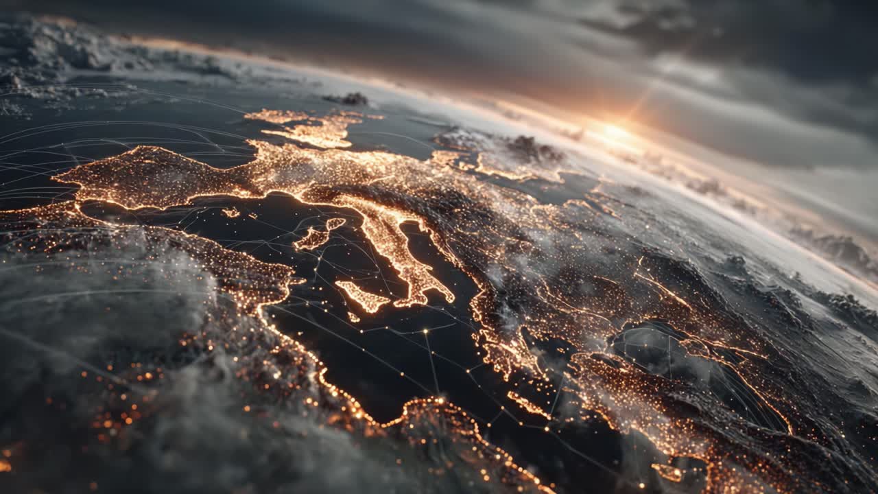 Aerial View of Europe Illuminated at Twilight, Showcasing Network Connections and Geographical Details, with Glimmering Lights and Dramatic Cloud Coverage Above the Horizon