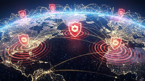 global network security visualization: an artistic representation of cyber protection illustrating connections between continents with shield icons and data flows