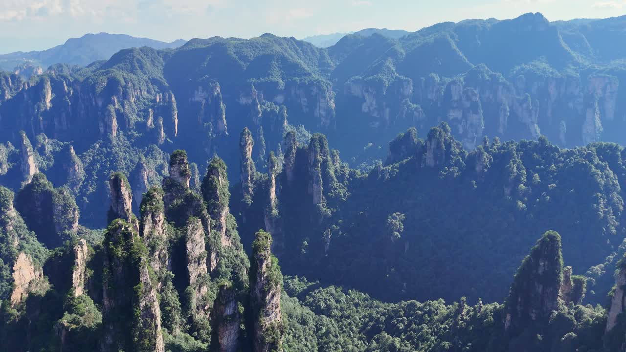 Mozzafiato riprese aeree degli iconici pilastri di arenaria quarzifera nel Parco Forestale Nazionale di Zhangjiajie, Cina. Ideale per documentari di viaggio e progetti cinematografici sulla natura
