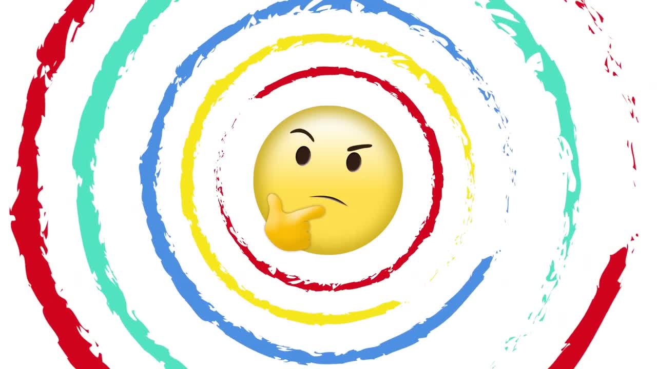 ⁇ 색 배경에 다채로운 움직이는 원과 이모지 아이콘의 애니메이션