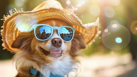 a dog wearing a straw hat and sunglasses